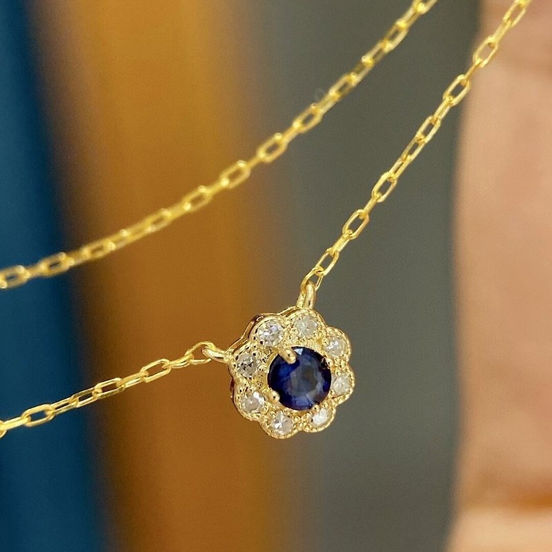 【WhiteKuo】18k Natural Sapphire Diamond Ball Necklace Clavicle Chain - Necklaces - Gemstone Blue