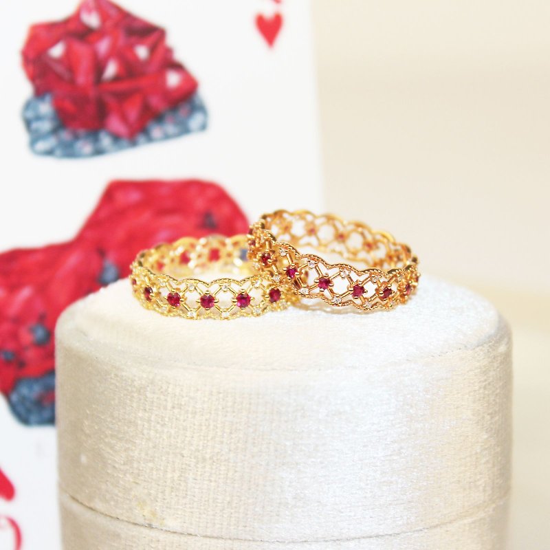 [Rose Garden] 18K natural ruby ​​carved lace ring Japanese style carved ruby ​​ring - แหวนทั่วไป - เครื่องประดับ สีทอง