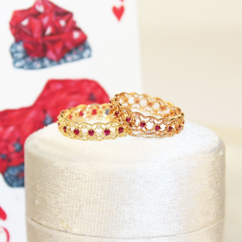 [Rose Garden] 18K natural ruby ​​carved lace ring Japanese style carved ruby ​​ring - General Rings - Precious Metals Gold