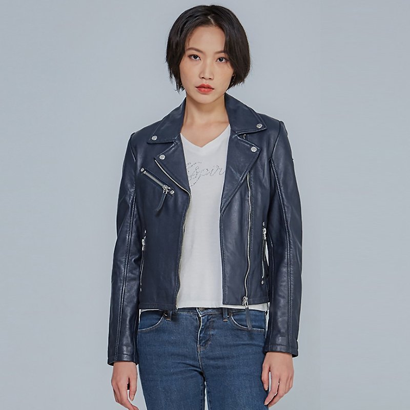 [Germany GIPSY] GGPasja W20 Large Lapel Rider Leather Jacket | Navy Blue - Women's Blazers & Trench Coats - Genuine Leather Blue