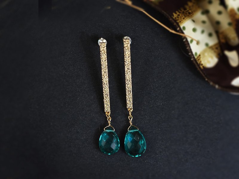 Playing rectangular geometric texture green Stone(K gold plating earrings) - Earrings & Clip-ons - Gemstone Gold
