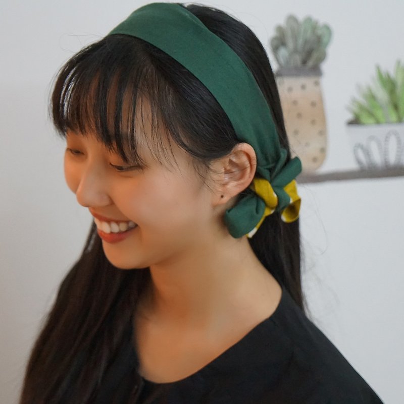 鹿栗塔 original hair band Japanese cotton and linen color matching multi-purpose wave point elastic literary cute bow headband - ที่คาดผม - ผ้าฝ้าย/ผ้าลินิน 