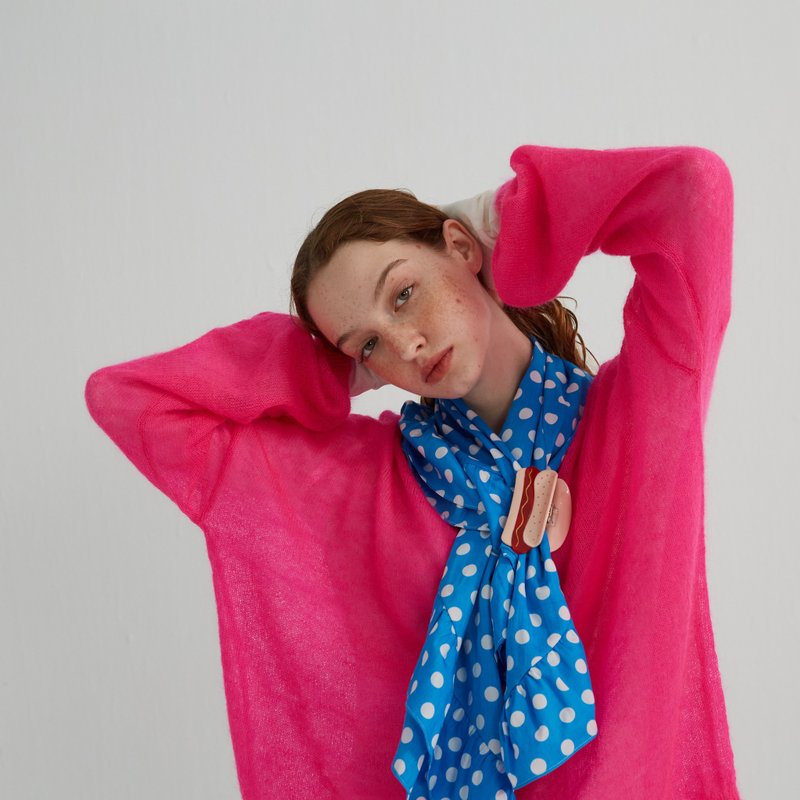 10 MOOn polka dot  square scarf / shawl - ผ้าพันคอถัก - ผ้าฝ้าย/ผ้าลินิน สีน้ำเงิน