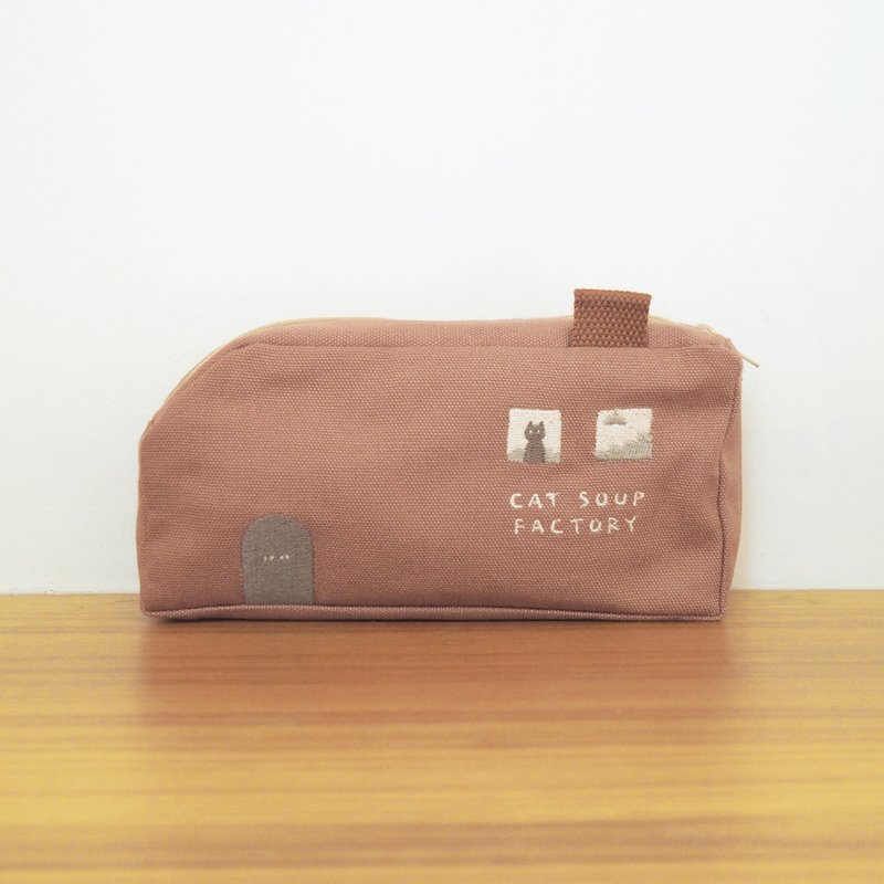 cat soup factory pencil case : brick - 化妝包/收納袋 - 棉．麻 咖啡色