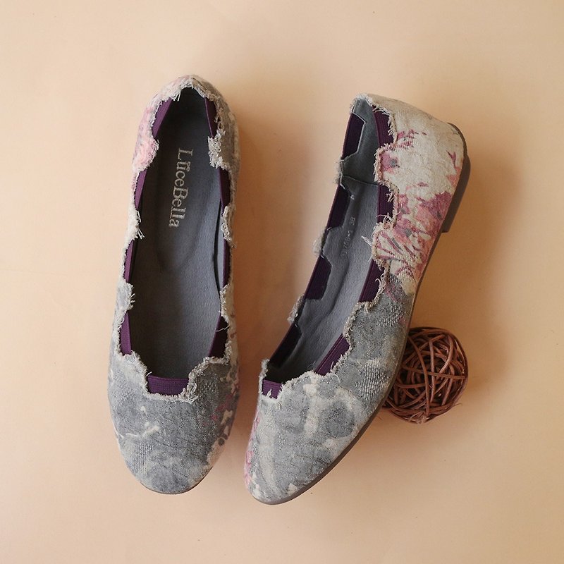 【Garden】Floral Flat Shoes - Purple - รองเท้าบัลเลต์ - ผ้าฝ้าย/ผ้าลินิน สีม่วง