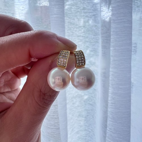 Ellajo Bijoux 低調的光芒 金色鋯石天然珍珠耳釘