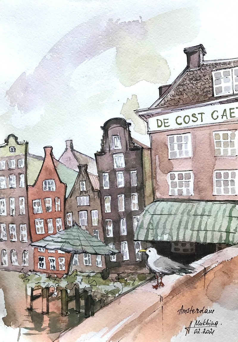 アムステルダムのアート カモメの絵 水彩画のオリジナル ヨーロッパの街のスケッチ by AnaMu - ウォールデコ・壁紙 - 紙 グレー
