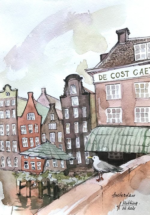 AnaMuStudio Amsterdam art seagull painting Watercolor original European city sketch by AnaMu