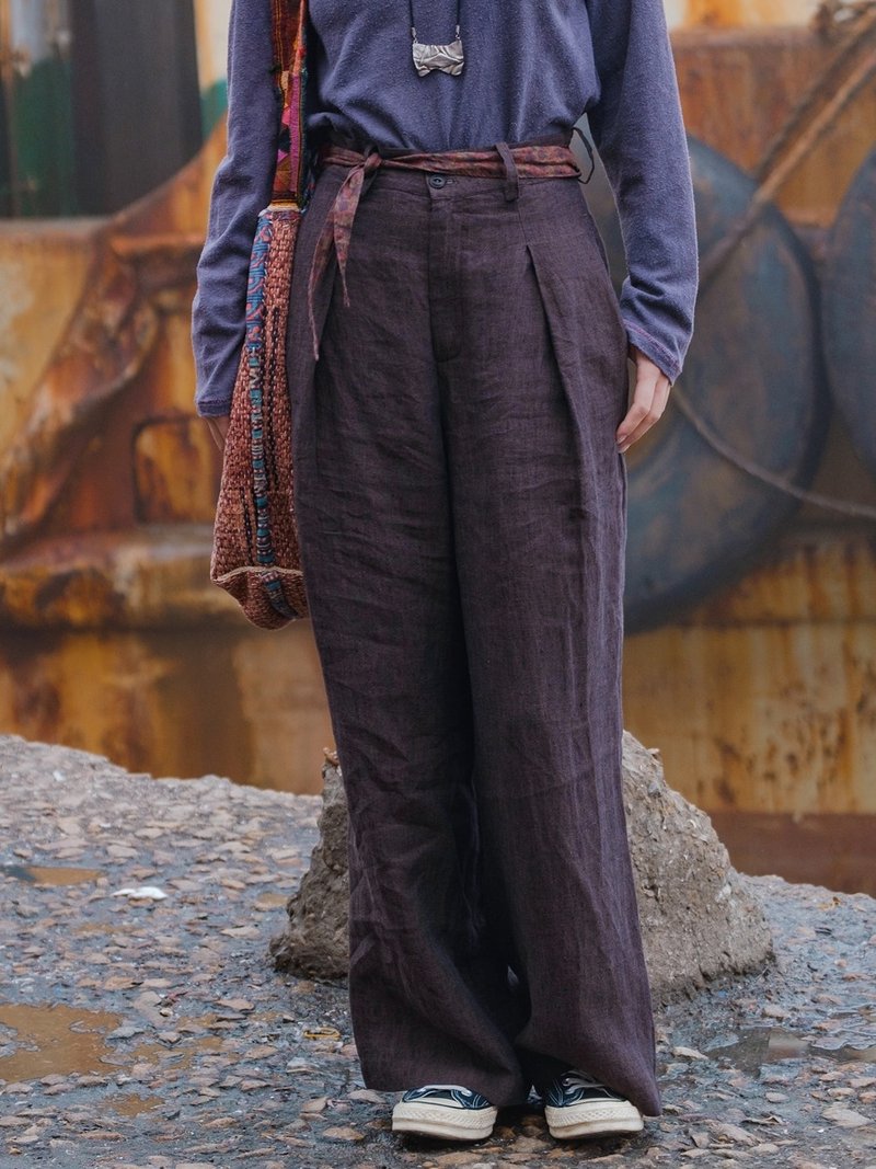 High-Waisted Casual Straight-Leg Trousers in Dark Brown Hemp Linen - Women's Pants - Cotton & Hemp Brown