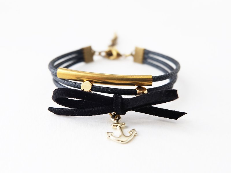 Black triple layers brass materials and nautical charm bracelet - 手鍊/手鐲 - 其他材質 黑色