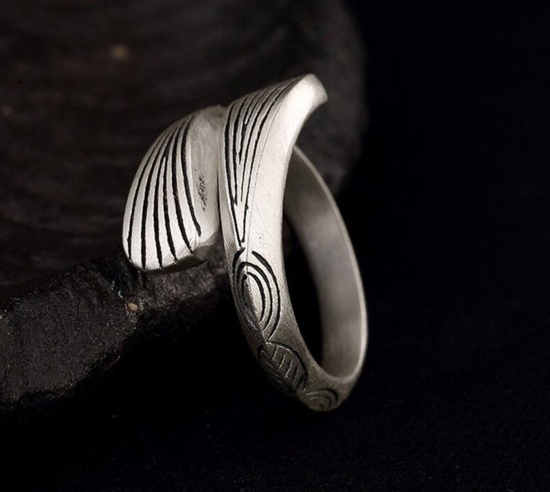 Real 990 Silver Fine Jewelry Handmade Engraved Leaf Patterns Vintage Rings - 戒指 - 純銀 銀色
