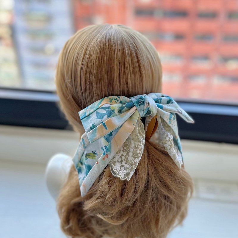 Exclusive cotton bow intersecting clip banana clip fairy clip hair clip - fresh mint green - เครื่องประดับผม - วัสดุอื่นๆ สีเขียว