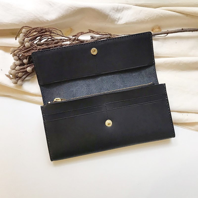 Vegetable tanned leather long clip_8 card layer_2 banknote layer_coin pocket_black - Wallets - Genuine Leather Black
