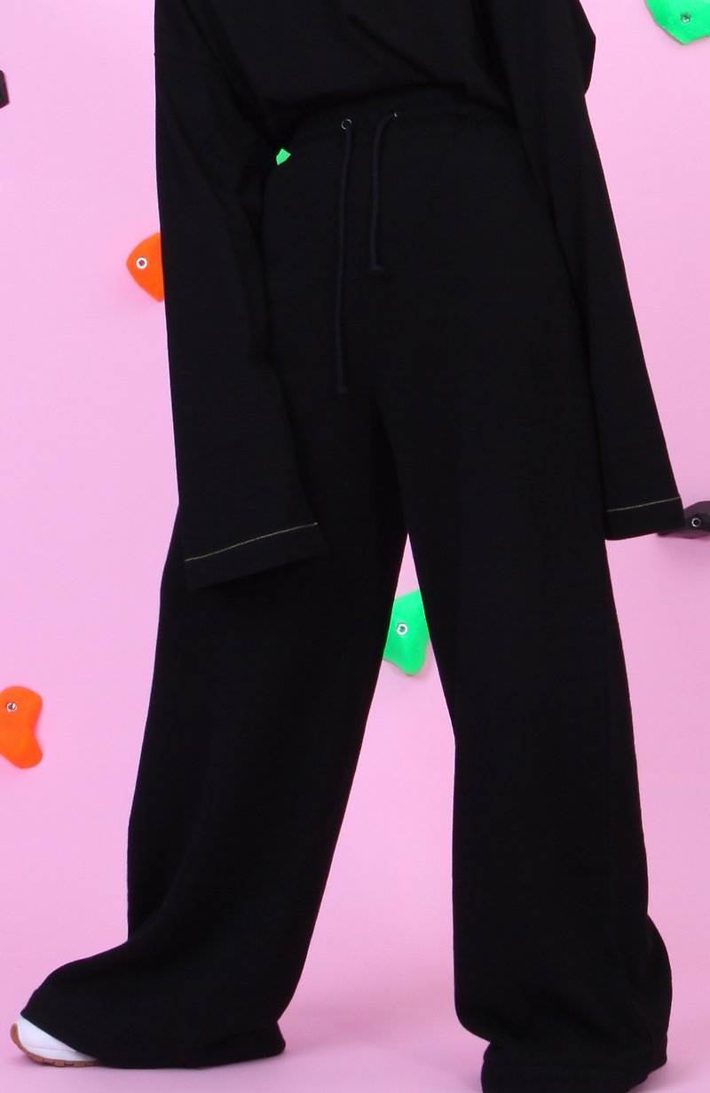 ARTERY WIDE SWEATPANTS full length elastic wide trousers black - กางเกงขายาว - ผ้าฝ้าย/ผ้าลินิน สีดำ