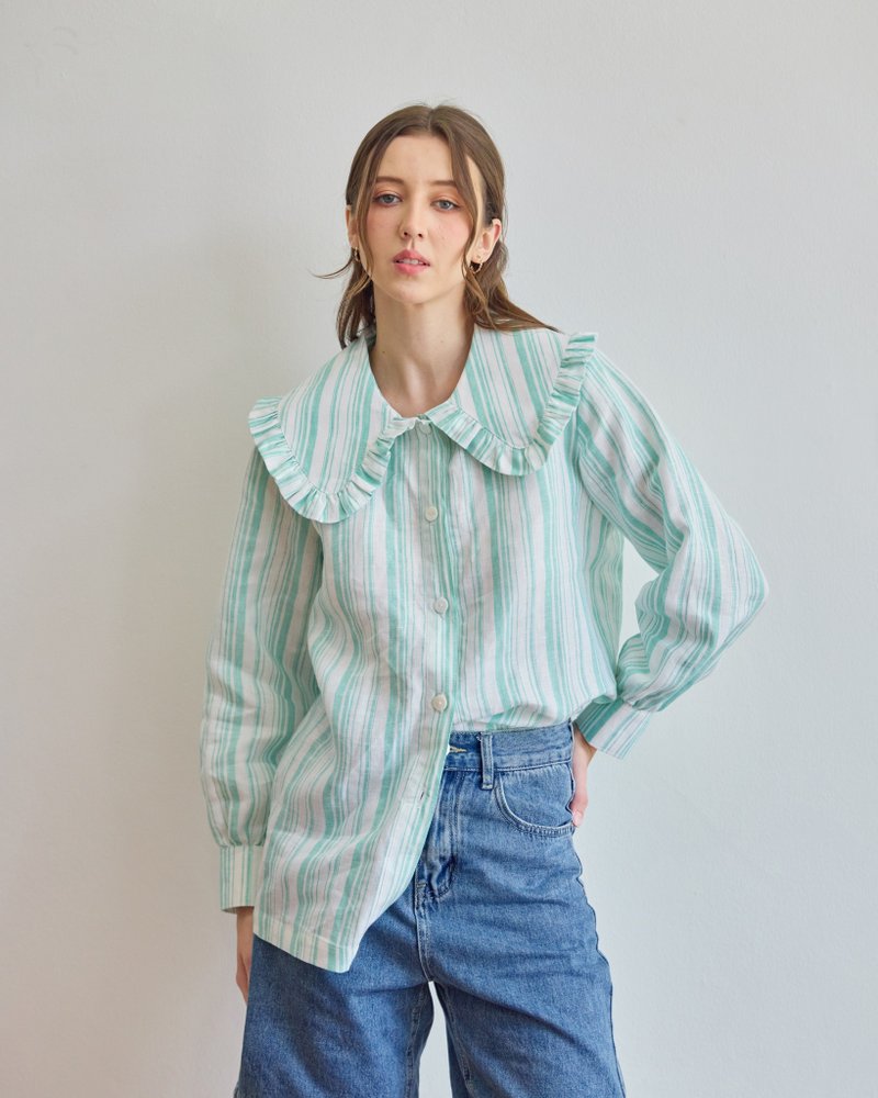 BIRUCHU Green Stripe Premium Linen Big Collar Shirts : Green Linen Shirt, Long Sleeve - Women's Shirts - Linen Green