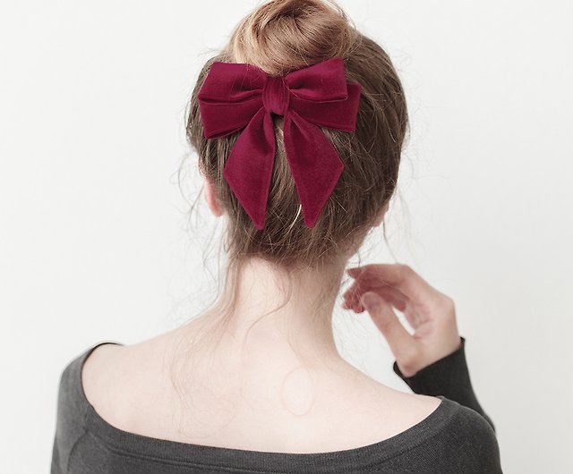Burgundy Red Silk Hair Bow Barrette Clip -  UK