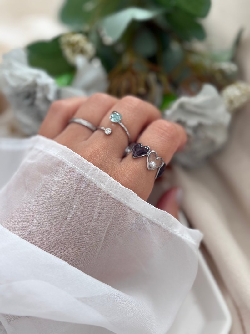 セットリング ハートのレトロリング &シーグラスフォークリング　イヤーカフ 2way - 戒指 - 樹脂 藍色