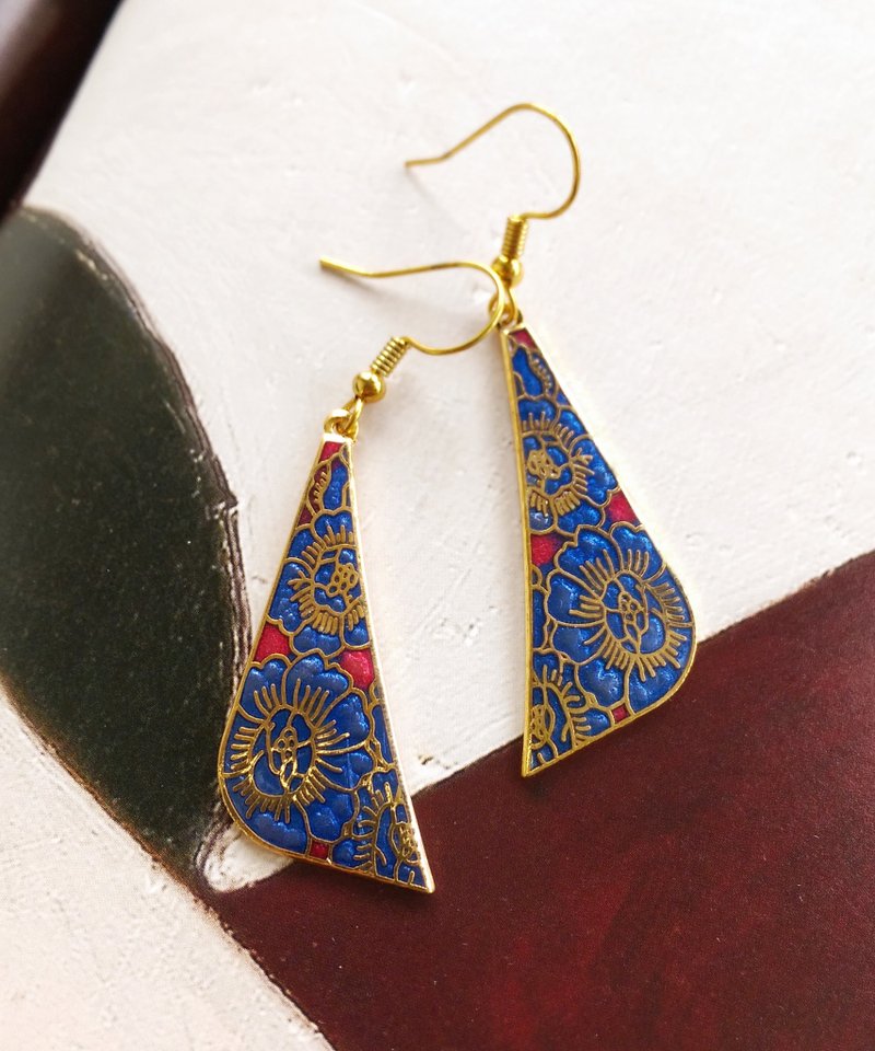Vintage Jewelry 西洋古董飾品 景泰藍 紫底花卉 耳勾 針式耳環 - 耳環/耳夾/耳骨夾 - 其他金屬 金色
