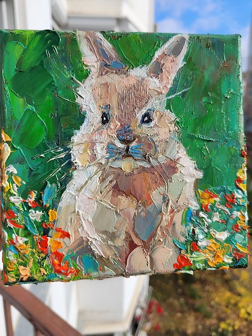Vikenty Art Shop Cute Bunny Abstract Original Portrait Art Oil Painting on Canvas 15x15cm Rabbit