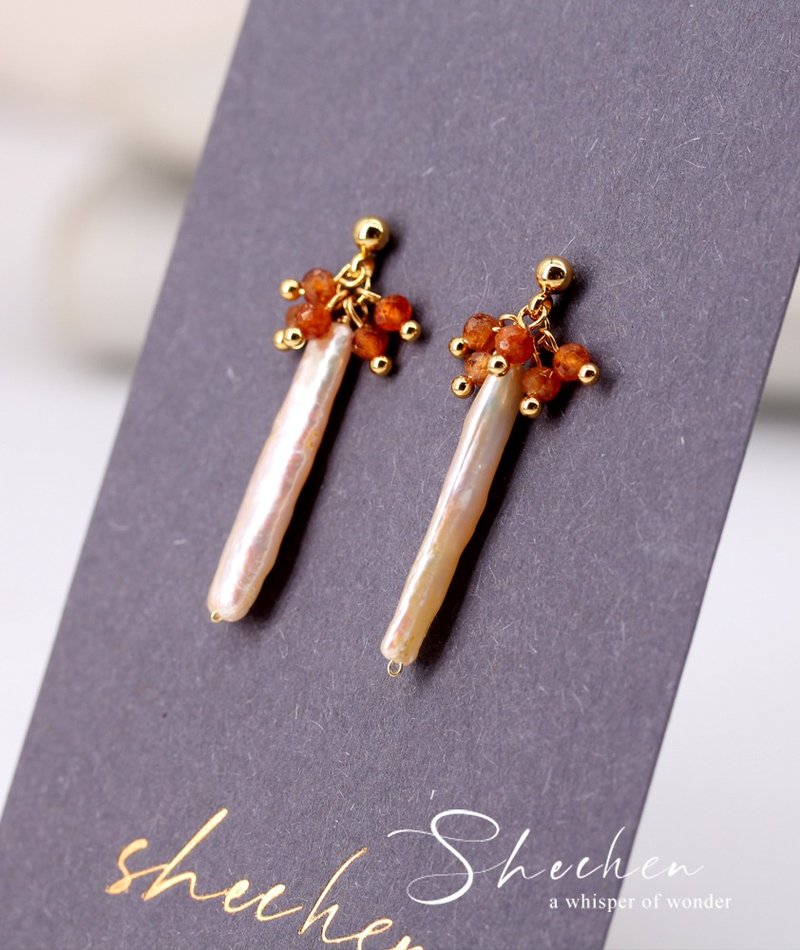 天然 石榴石芬達石+天然長方淺金色珍珠耳環 極閃 天然石耳墜 - 耳環/耳夾/耳骨夾 - 半寶石 橘色