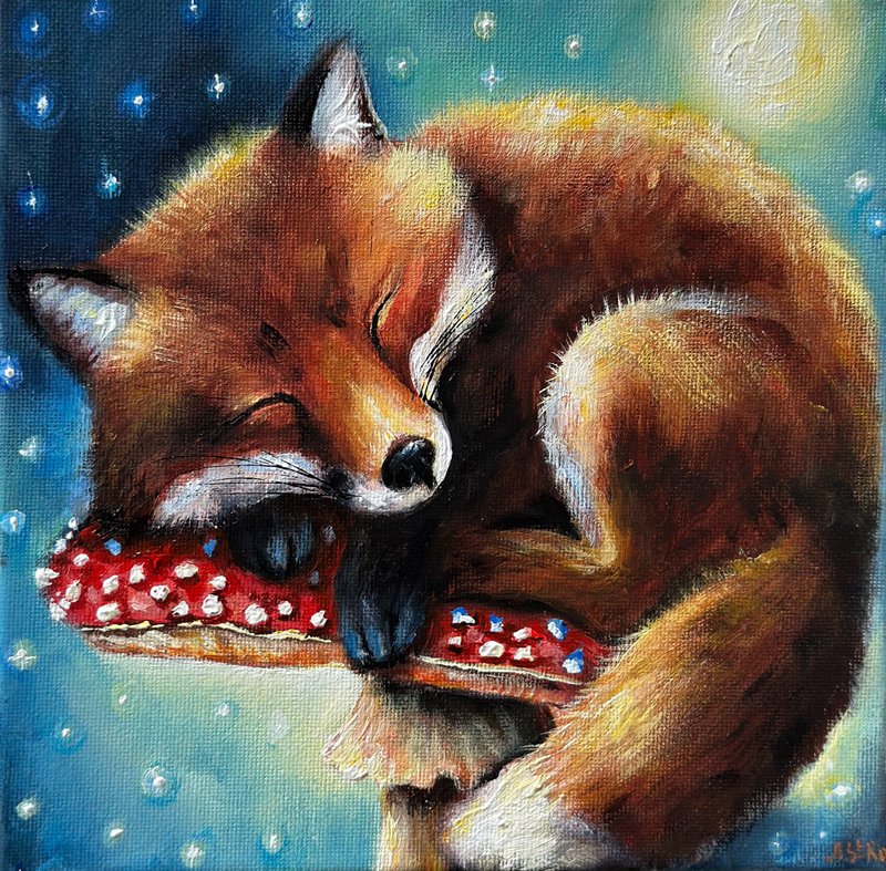 Sleeping fox painting, Fox wall art, Fox room decor, Forest animals, Fox poster - 壁貼/牆壁裝飾 - 棉．麻 多色