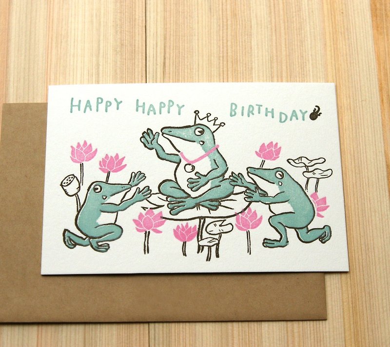 青蛙の誕生日パーティー　活版印刷カード - 卡片/明信片 - 紙 藍色