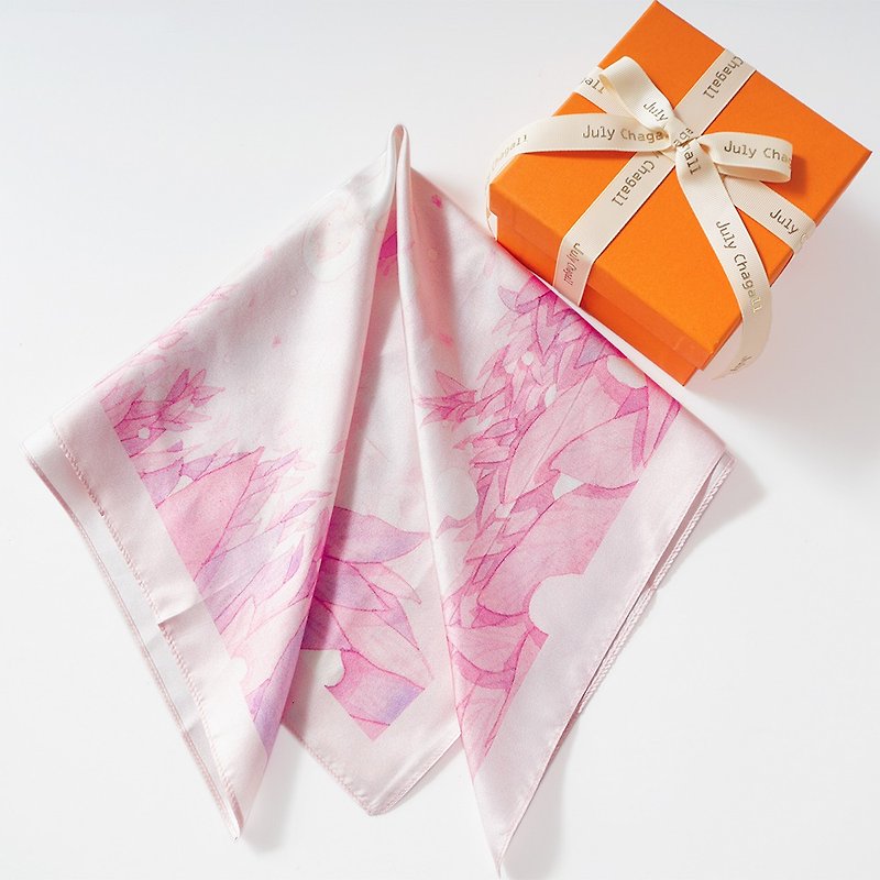 Julychagall illustrator co-branded silk mulberry silk cherry blossom powder ladylike skin-friendly soft spring and summer silk scarf - Scarves - Silk Pink