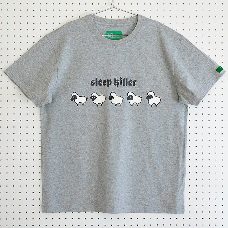 新款Sleep Killer 毛絨貼片 灰色純棉短袖圓領T恤 男女中性情侶款 - 女 T 恤 - 棉．麻 灰色