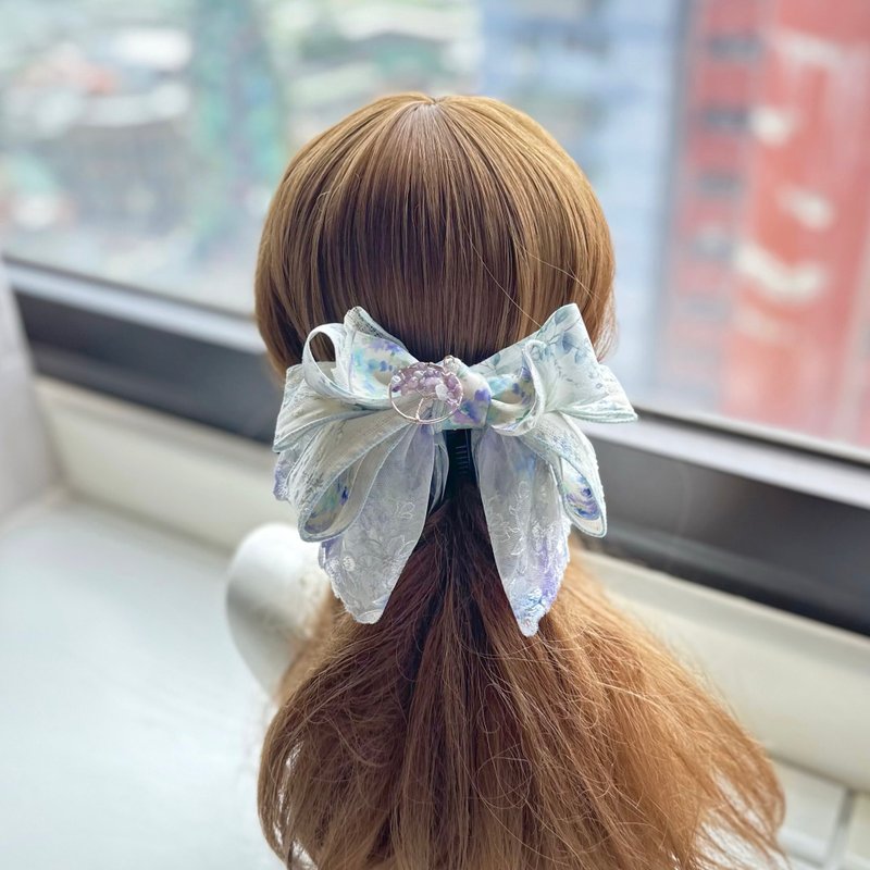 印花織帶蕾絲蝴蝶結相交夾香蕉夾仙女夾髮夾-淺綠+藍紫色 - 髮夾/髮圈 - 其他材質 白色