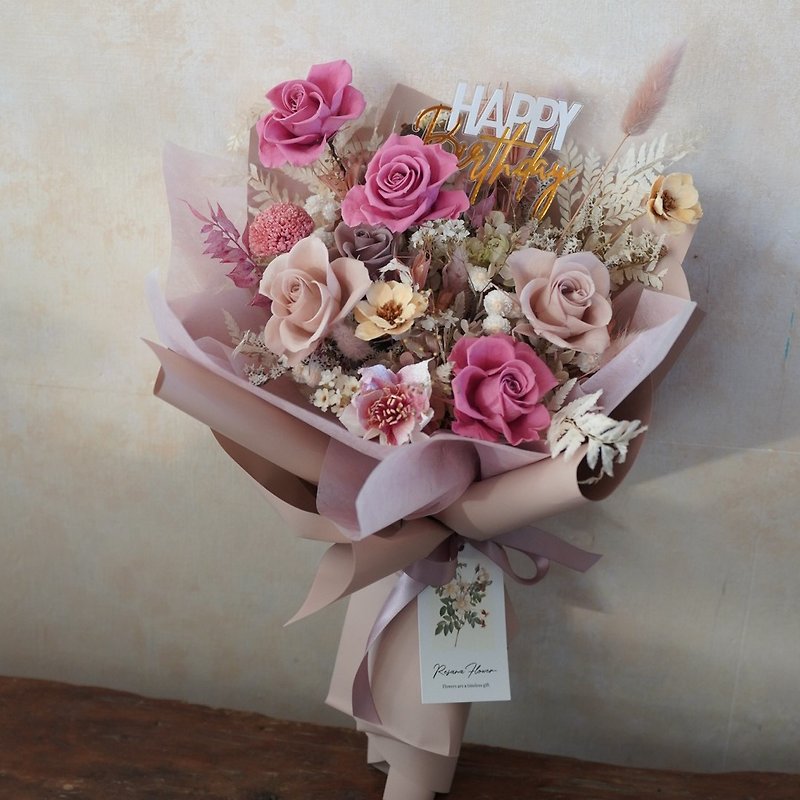 永生玫瑰花束－奶茶粉紅 - 乾燥花/永生花 - 植物．花 粉紅色
