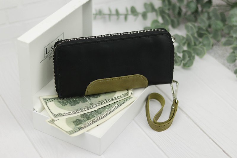 Leather Long  Wallet / Handmade Large Purse / Wallet with wrist strap - Wallets - Genuine Leather Black