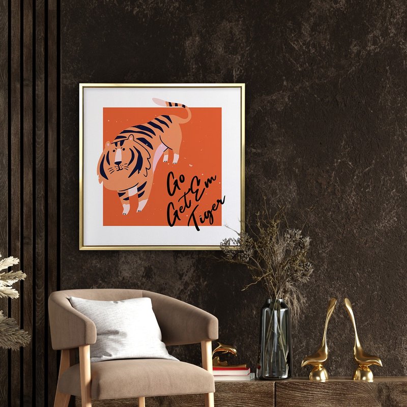 Go get em tiger - Graphics, Square Prints, Wall decoration, Tiger year, Tiger - โปสเตอร์ - ผ้าฝ้าย/ผ้าลินิน สีแดง