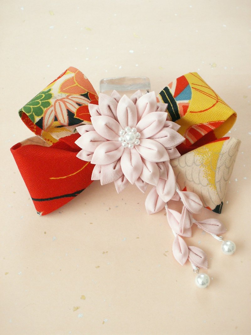 "Resale" Ribbon Valletta made with knobwork old cloth <Vermilion> Perfect for graduation ceremony ♪ - Hair Accessories - Silk Red
