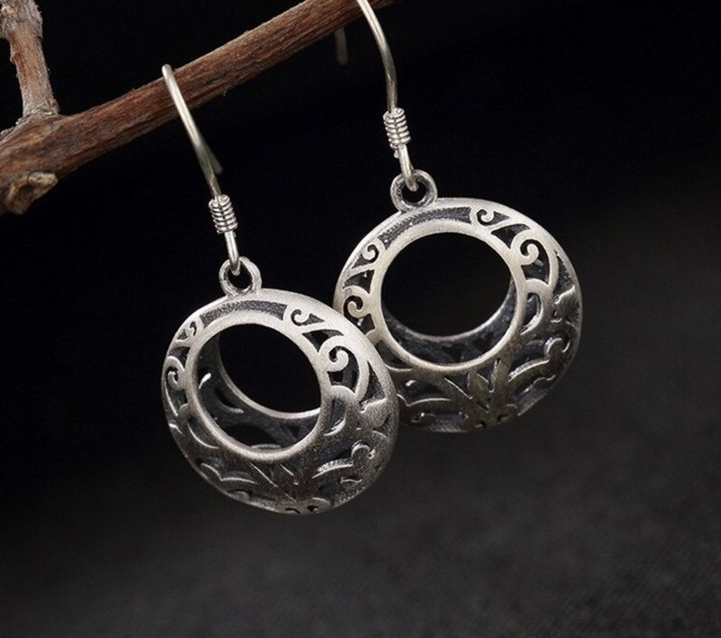 S999 Fine Silver Women Vintage Ethnic Jewelry Handmade Engraved Exotic Earrings - Earrings & Clip-ons - Sterling Silver Silver