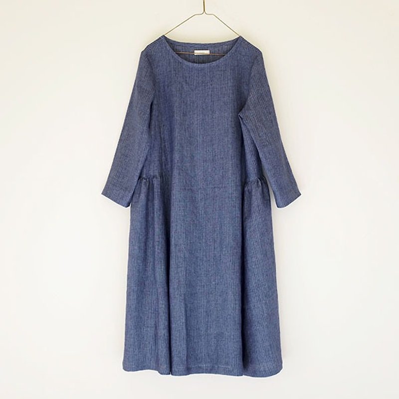 Daily hand-serving dark blue thin stripes air sense nine sleeves wide dress linen wool - One Piece Dresses - Cotton & Hemp Blue
