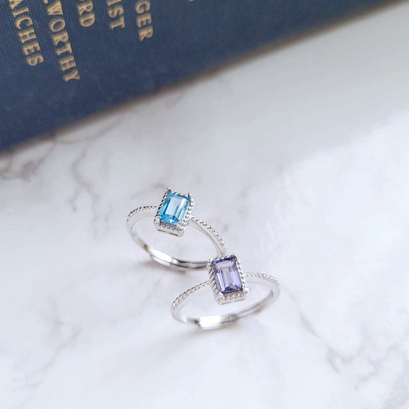夏綠蒂。4X6mm 托帕石/堇青石 925銀戒指  戒圍可調 - 戒指 - 純銀 紫色