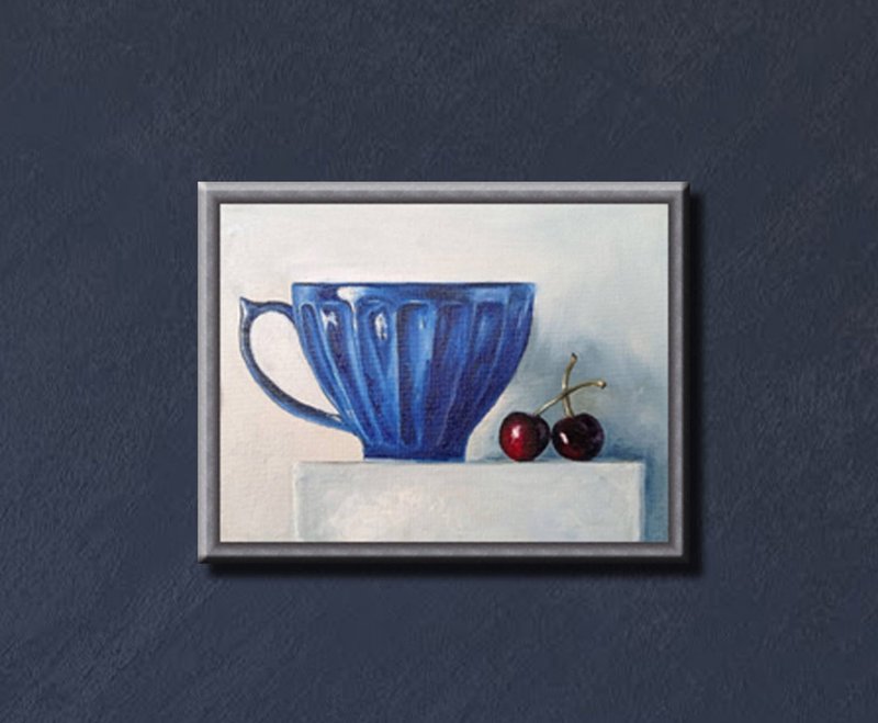 Still Life Painting,Original Art, Hand-painted Art, Oil Painting, Tea Cup,  櫻桃 - 海報/掛畫/掛布 - 其他材質 藍色