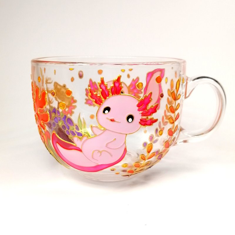 Pink axolotl mug hand painted Cute axolotl coffee mug for her New home gift - Mugs - Glass Pink