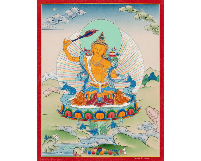 高品質佛教文殊菩薩手繪唐卡 - 壁貼/牆壁裝飾 - 其他材質 多色