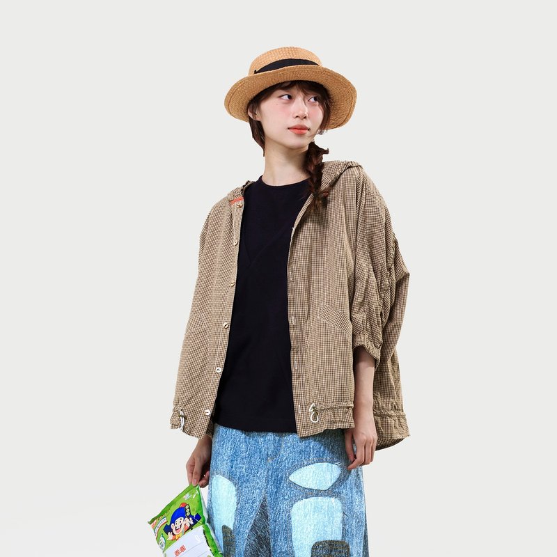 細線窗格連帽抽繩外套 - 女大衣/外套 - 棉．麻 咖啡色