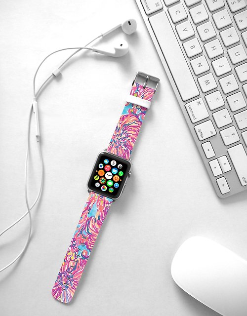 Freshion 抽象水彩畫花 粉紅 Apple Watch 真皮手錶帶 38 40 42 44 mm -042