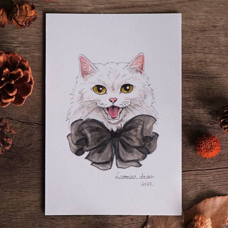 Watercolor illustration original cat head portrait 4X6 6 inches 4007 white cat with bow tie - Posters - Paper 
