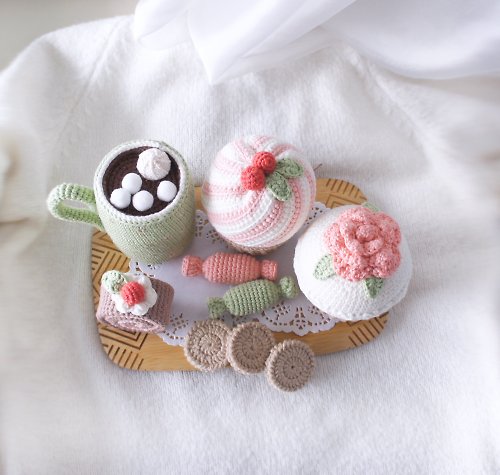 CozyToysByOreshek Pretend Dessert Set, Crocheted cupcakes, Play tea party, Kids pretend kitchen