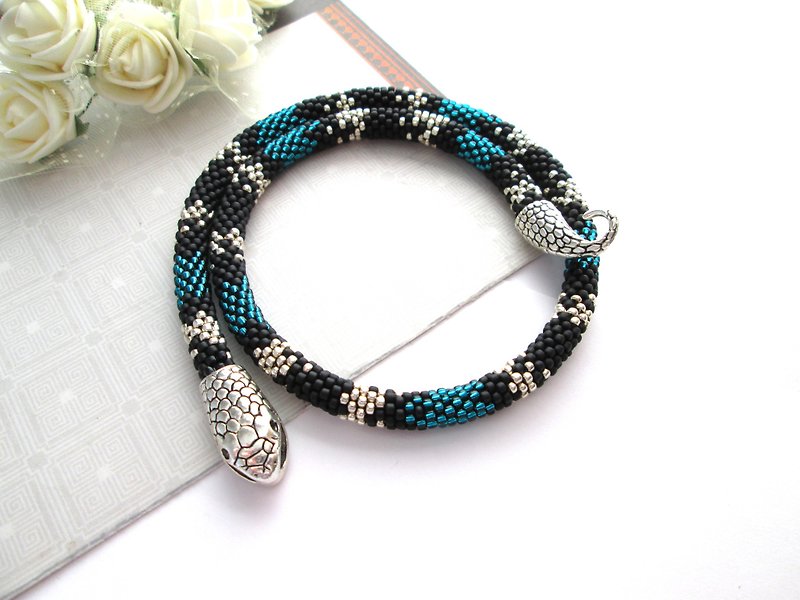 Snake striped beaded bracelet Emerald Turquoise Ouroboros jewelry for her Witch - Bracelets - Other Materials Multicolor