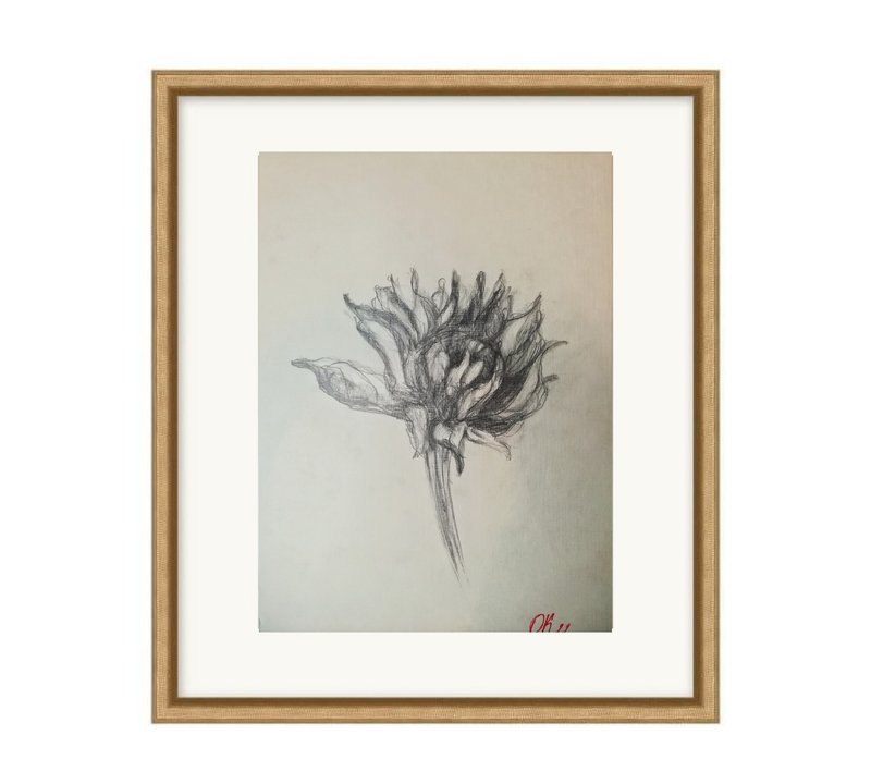 Botanical painting with flowers, sunflower- original floral art, plant gift idea - โปสเตอร์ - กระดาษ สีเทา