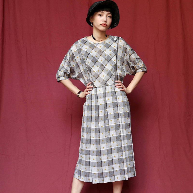 Pumpkin Vintage. Ancient gray round neck plaid water jade dress - One Piece Dresses - Other Materials Gray