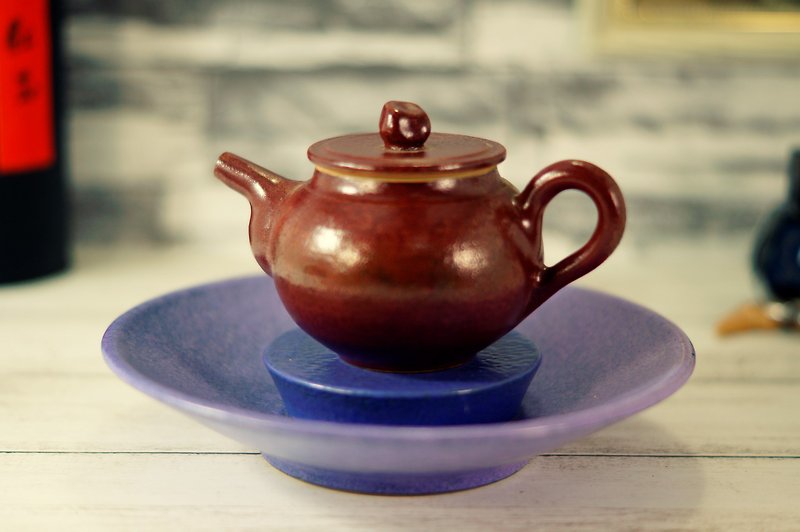 Two-piece cobalt purple pot holder, tea boat, cup holder, saucer - about 18 cm in diameter - ถ้วย - ดินเผา สีม่วง