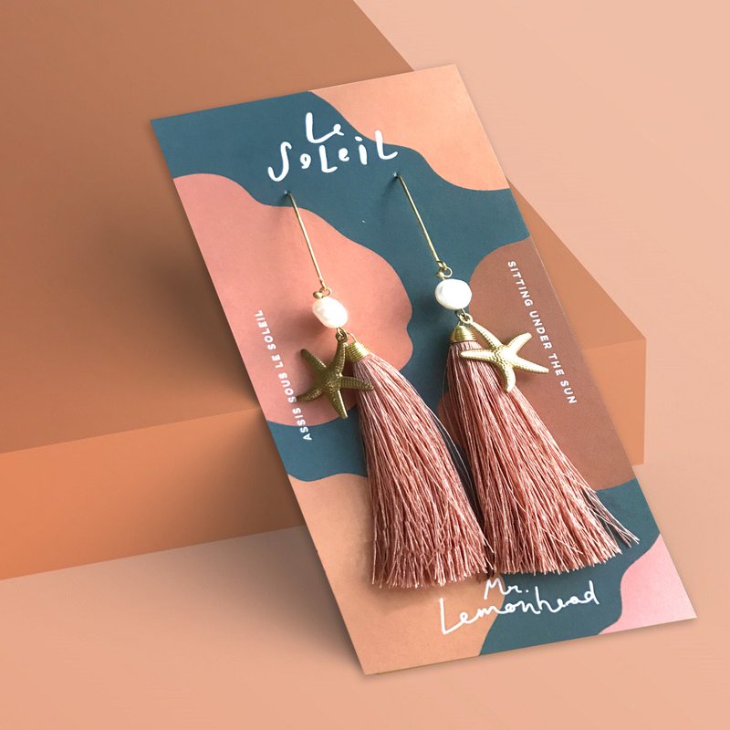 Tassel earrings old rose with real pearl and starfish - 耳環/耳夾/耳骨夾 - 繡線 橘色