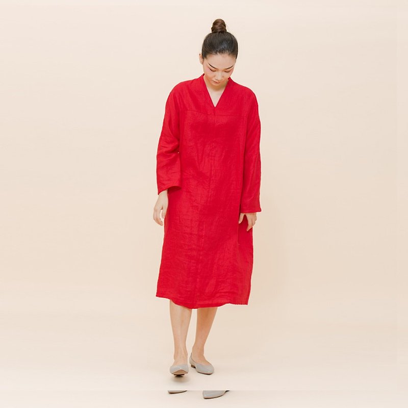 不服 中國風 紅色寬鬆長裙洋裝 過年 結婚 石榴花紅 D170615 - 旗袍/改良式旗袍 - 棉．麻 紅色
