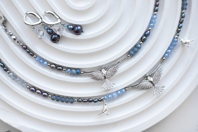 Blue birdy silver jewelry set, Choker, earrings and bracelet, Pigeon accessory - Bracelets - Pearl Blue